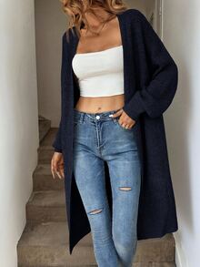 SHEIN Tall CURVE 大尺碼女款素色時尚寬鬆長版開襟外套 - 藏蓝色 - 查看 9