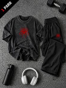 Gym Rark طقم رياضي رجالي بلون موحد، ملابس علوية بأكمام قصيرة وطبعة كرتونية وياقة دائرية، وبنطال فضفاض بقصة واسعة وكاجوال - الأسود - مشاهدة 4