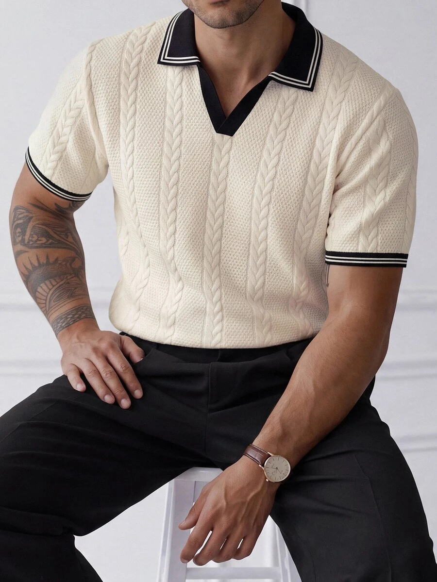 HUEFORM Men's Autumn/Winter Striped Short Sleeve Polo Shirt, Mature, Business, Old Money Style - Apricot - View 1