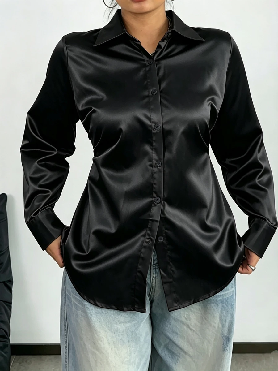 POPSWAY Kemeja Kasual Serbaguna untuk Wanita Ukuran Besar dengan Warna Polos, Cocok untuk Pemakaian Sehari-hari - Hitam - View 1