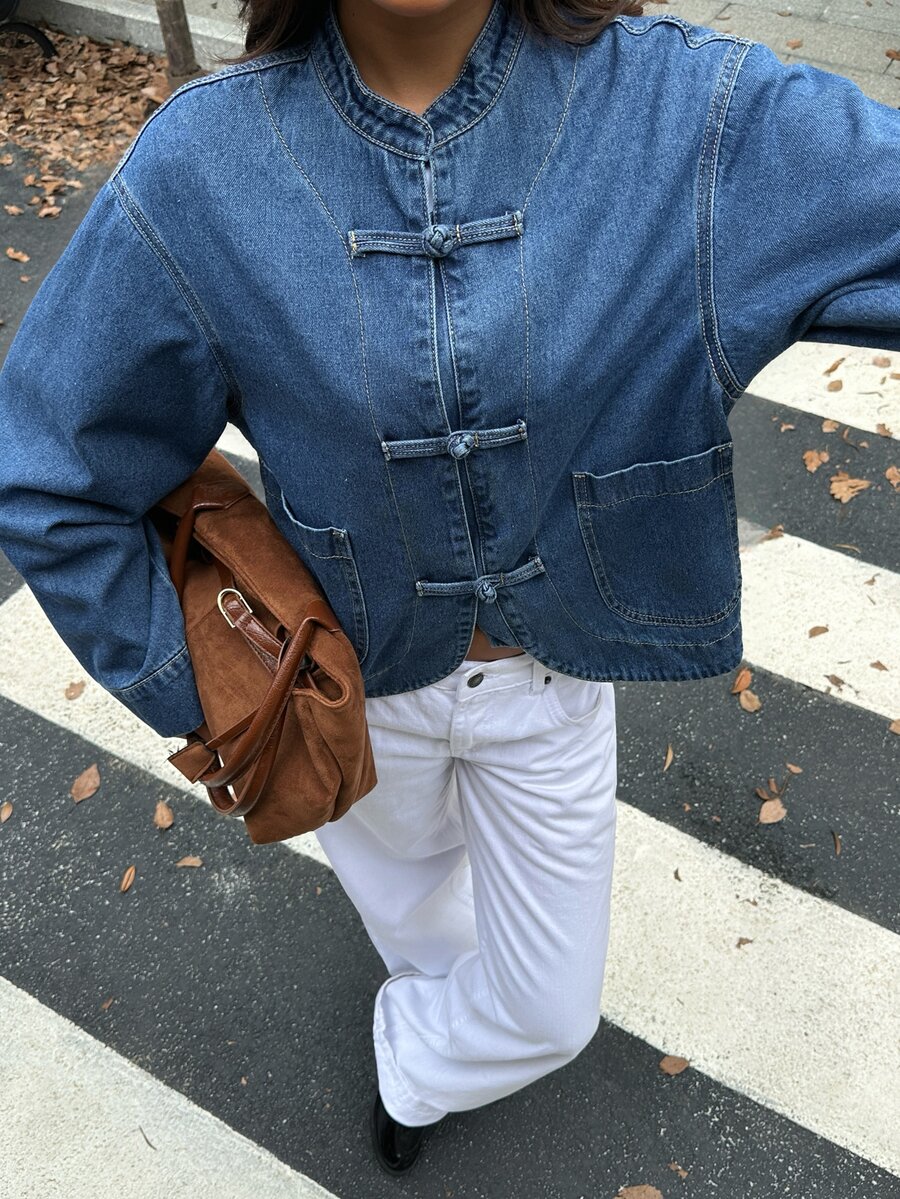 Rivivi Women's New Chinese Style Vintage Frog Button Washed Denim Jacket - Dark Wash - View 1