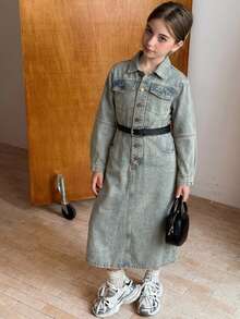 DAZY Tween Girls Denim Dress, Washed Lapel Collar, Casual Fashion, Creative Personalized Fresh Cute - Medium Wash - View 4