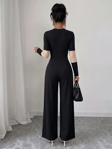 GlowEve Jumpsuit nữ ống rộng tay dài cổ tròn phối màu phong cách thường ngày cho mùa thu - Nhiều màu - Xem 2