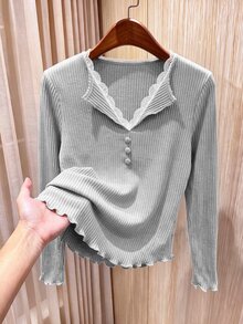 Rusticease Women's Solid Color Button Design Long Sleeve Casual French Elegant Ribbed Top Everyday Date Light Grey Autumn - Light Grey - View 1