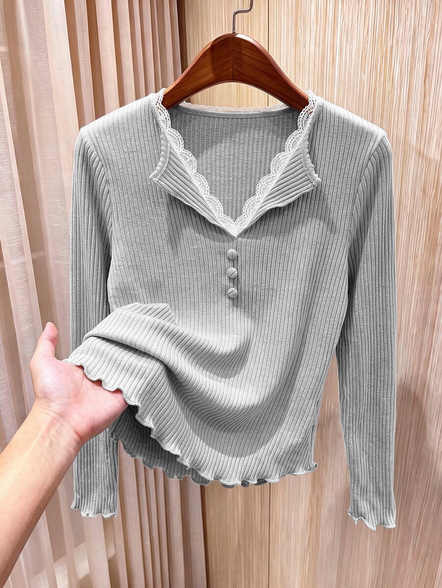 Rusticease Women's Solid Color Button Design Long Sleeve Casual French Elegant Ribbed Top Everyday Date Light Grey Autumn - Light Grey - View 1