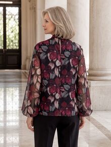 EMERY ROSE Floral Pattern Stand Collar Lantern Sleeve Elegant Blouse For Middle-Aged And Elderly Women - Multicolor - View 2