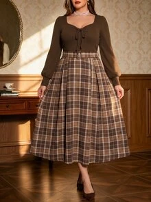 Auvina Plus Size Women's Woven Elegant Fall Long Dress - Brown - View 3
