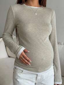 DAZY Patchwork Contrast Color Fitted Elastic Long Sleeve Base Layer Casual Daily Spring Autumn Maternity T-Shirt - Apricot - View 2