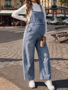 SHEIN Maternity Loose Sleeveless Denim Overalls - Medium Wash - View 3