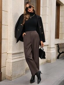 EMERY ROSE Women Solid Color Casual Versatile Daily Wear Long Pants Business Office Work Dark Brown Autumn Women Fall/Winter Pants - Brown - View 8