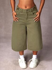 SHEIN EZwear 1pc Solid Wide Leg Crop Jeans - Army Green - View 3