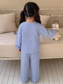 Dazy Kids 少女秋季服飾 格紋短袖長褲居家休閒套裝 春夏款 - 淺藍色 - 查看 7
