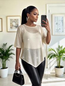 SHEIN Lady Plus Size Women's 5-Sleeve Round Neck Solid Color All-Match Versatile Knit Top - Khaki - View 4