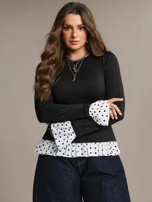 Freevana تي شيرت نسائي مقاس كبير أنيق وكاجوال بحافة مكشكشة وأكمام طويلة وياقة دائرية - الأسود - مشاهدة 3