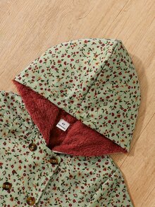 Souflis Souflis 女童冬季灰色綠色碎花印花保暖內裡連帽雙排扣時尚長袖外套，適合日常休閒可愛田園風穿搭 - 綠色 - 查看 5