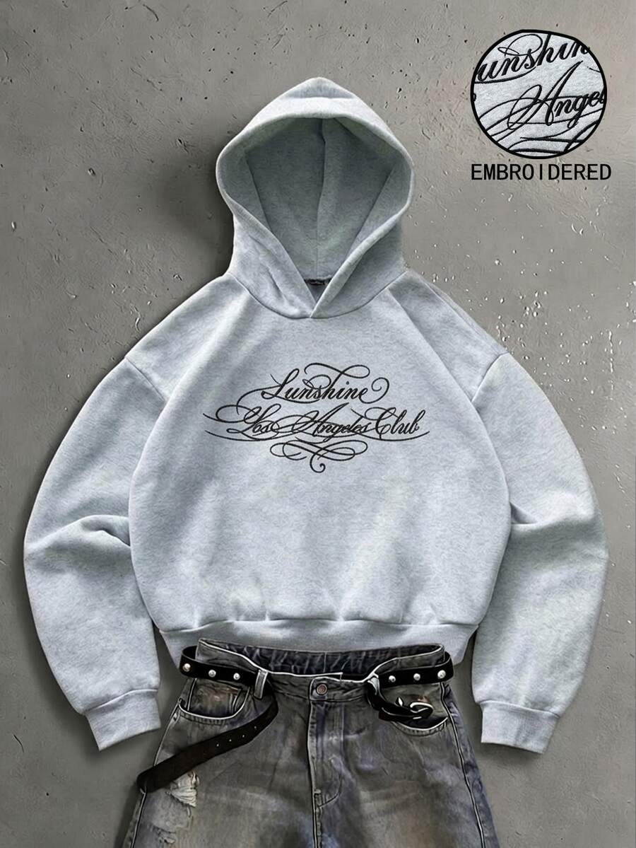 Manfinity ZONE917 美式休閒時尚復古藝術字母 3D 刺繡圖案灰色短版連帽衛衣 - 淺灰色 - 查看 1