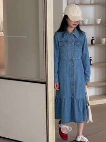DAZY Tween Girl Fashion Button Pocket Design Long Sleeve Denim Dress - Medium Wash - View 6