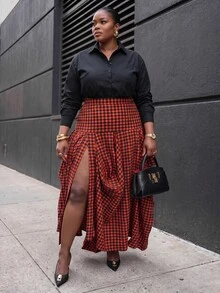 Slaydiva Plus Size Plaid High Slit Asymmetrical Pleated Midi Skirt - Orange - View 8