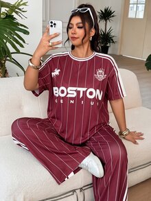 SHEIN EZwear 女款大尺碼酒紅色休閒條紋T恤與長褲套裝，適合運動、度假、派對、日常外出、聚會、戶外活動 - 酒紅色 - 查看 6