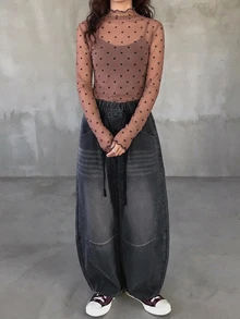 FRIFUL 女款波點印花立領長袖修身上衣 - 棕色 - 查看 3