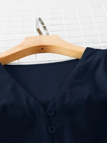 Rusticease Women's Solid Color V-Neck Long Sleeve Single-Breasted Casual Shirt - Navy Blue - View 4
