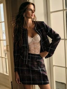 MOTF PREMIUM WOMEN'S ROUND NECK LONG SLEEVE MIXED COLOR PLAID ELEGANT SWEET SHORT JACKET - Blue - View 5