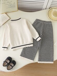 SHEIN Young Girl Bow Decor Long Sleeve Knit Cardigan And Striped Knit Pants Set - Multicolor - View 2