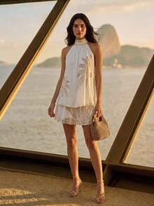 CAJUNI Short Summer Dress With Palm Print – New Year's, Beach, Holiday Parties - Beige - View 5