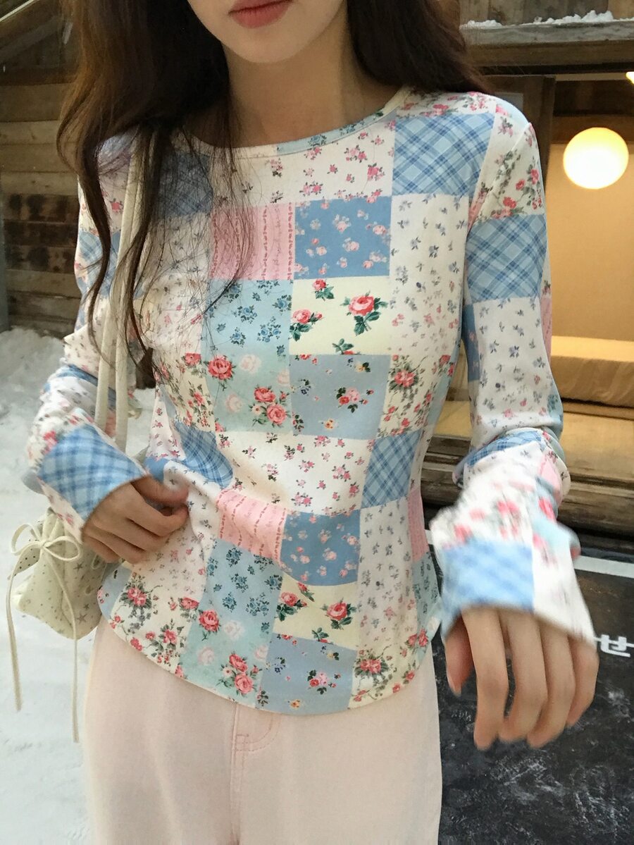 DAZY Women's Round Neck Floral Casual Long Sleeve Spring Summer Korean Style T-Shirt Graphic Tees - Multicolor - View 1
