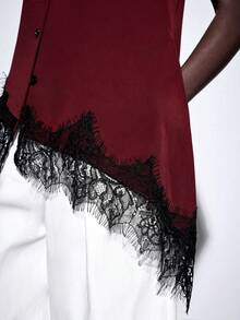 SHEIN PariChic Spring Summer New Women's V-Neck Asymmetric Lace Trim Blouse - Red - View 6