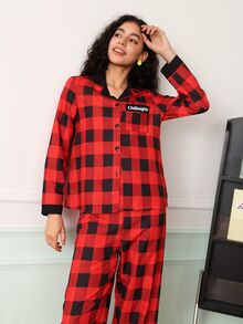 Chillnights طقم بيجامة نسائي مريح بطبعة حروف وكاروهات وألوان متداخلة بأسلوب كاجوال شبابي - متعدد الألوان - مشاهدة 2