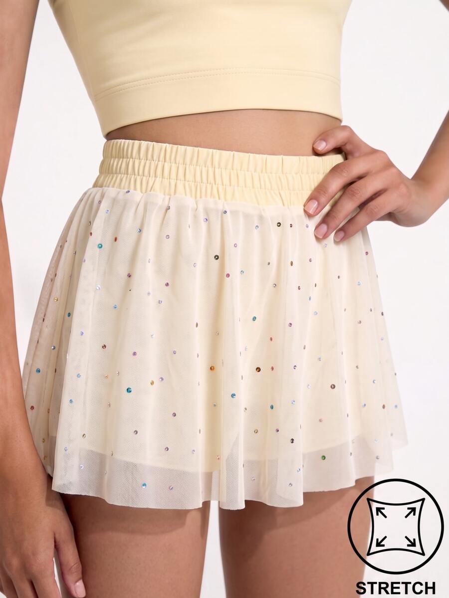 SHEIN 青少年女孩黑色網紗水鑽時尚運動裙,瑜伽體操套裝運動裙 - 黃色 - 查看 1