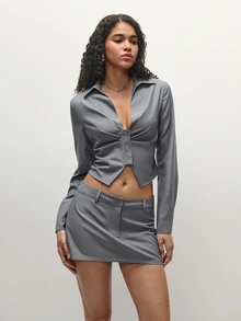 TRNVIE Women's Autumn Outfit Set With Collared Ruched Cinched Waist Long Sleeve Top And Skirt - Grey - View 5