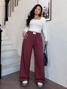 SHEIN EZwear 酒紅色女款寬腿長褲 梭織 秋冬款 - 酒紅色 - 查看 7