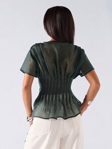 SHEIN EZwear 深綠色春夏純色領口百褶休閒百搭日常短袖大尺碼襯衫 - 墨綠色 - 查看 3