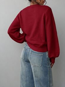 SHEIN BASICS 女款純色極簡長袖針織衫，舒適適合日常穿著 - 酒紅色 - 查看 2