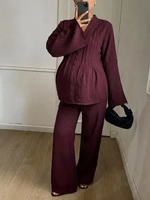 DAZY Solid Color Loose Pullover Long Sleeve Shirt & Straight Leg Pants Casual Vacation Daily Spring Autumn Maternity 2pcs Set - Burgundy - View 3