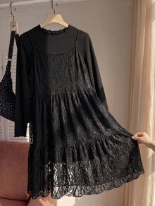 Comfortcana Plus Size Autumn/Winter Lace Camisole Dress & High Neck Cotton T-Shirt Black Set - Black - View 8