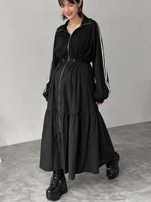 DAZY Contrast Striped Loose Cinched Waist Zipper Long Casual Streetwear Everyday Spring Autumn Maternity Dress - Black - View 2
