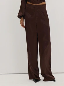 MUSEYN Brown Satin Straight Leg Trousers Classy Date Night Chic Evening Fall - Chocolate Brown - View 2