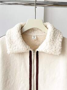 SHEIN 青少年女孩外套 秋冬街頭風 PU複合保暖內裡 加厚對比邊飾翻領機車夾克，適合秋冬日常穿著 - 卡其色 - 查看 7