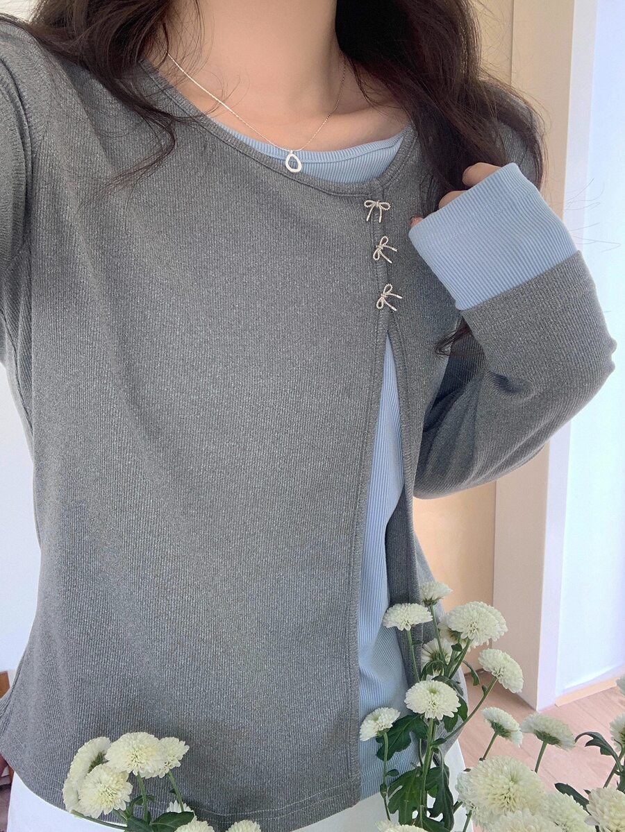 Dazy Kids Teen Girl Bow Decor 2 In 1 Long Sleeve T-Shirt - Grey - View 1