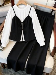 GlowEve CURVE Plus Size Women 2pcs Set Solid Color Contrast Tie Knit Faux Two Pieces Long Sleeve Top And Loose Straight Leg Pants, Suitable For Autumn Daily Casual Commute Wear - Black and White - View 1