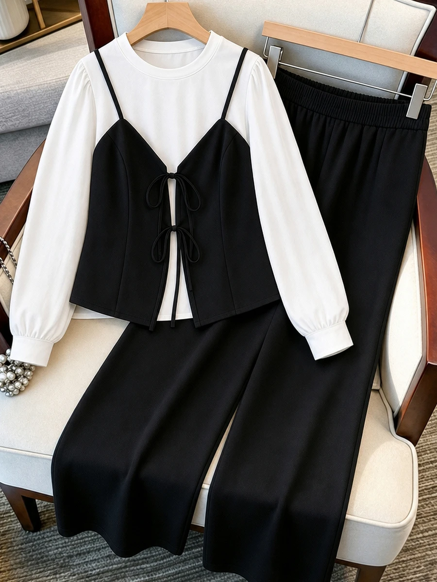 GlowEve CURVE Plus Size Women 2pcs Set Solid Color Contrast Tie Knit Faux Two Pieces Long Sleeve Top And Loose Straight Leg Pants, Suitable For Autumn Daily Casual Commute Wear - Black and White - View 1