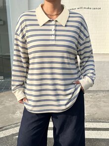 Muchica 大尺碼女款領口鈕扣條紋設計長袖T恤 - 白色 - 查看 7