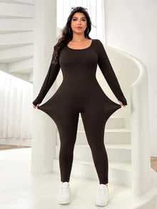 SHEIN EZwear 大尺碼秋冬保暖針織連身褲 - 巧克力棕 - 查看 6