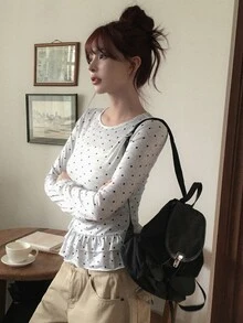 DAZY Polka Dot Patchwork Long Sleeve Round Neck Ruffle Trim Casual Vacation Korean Style Girl Spring Autumn Women T-Shirt Y2k - Grey - View 4