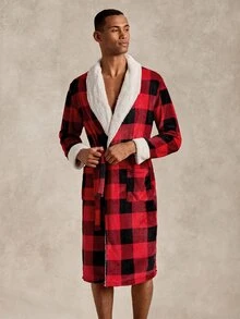EverLounge Autumn/Winter Men's Minimalist Basic Fit Classic Black & Red Plaid Print Christmas Atmosphere Contrast Color Lapel Design Loungewear Robe - Multicolor - View 6