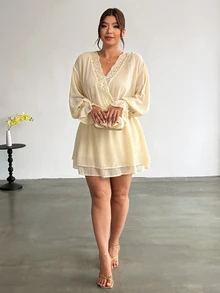 Firerie Plus Size Women's Solid Color Contrast Lace V-Neck Ruffle Cuff Fashion Dress - Light Yellow - View 3