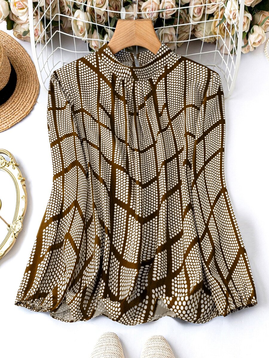 SHEIN 大尺碼女款波點圖案立領長袖優雅襯衫 - 棕色 - 查看 1